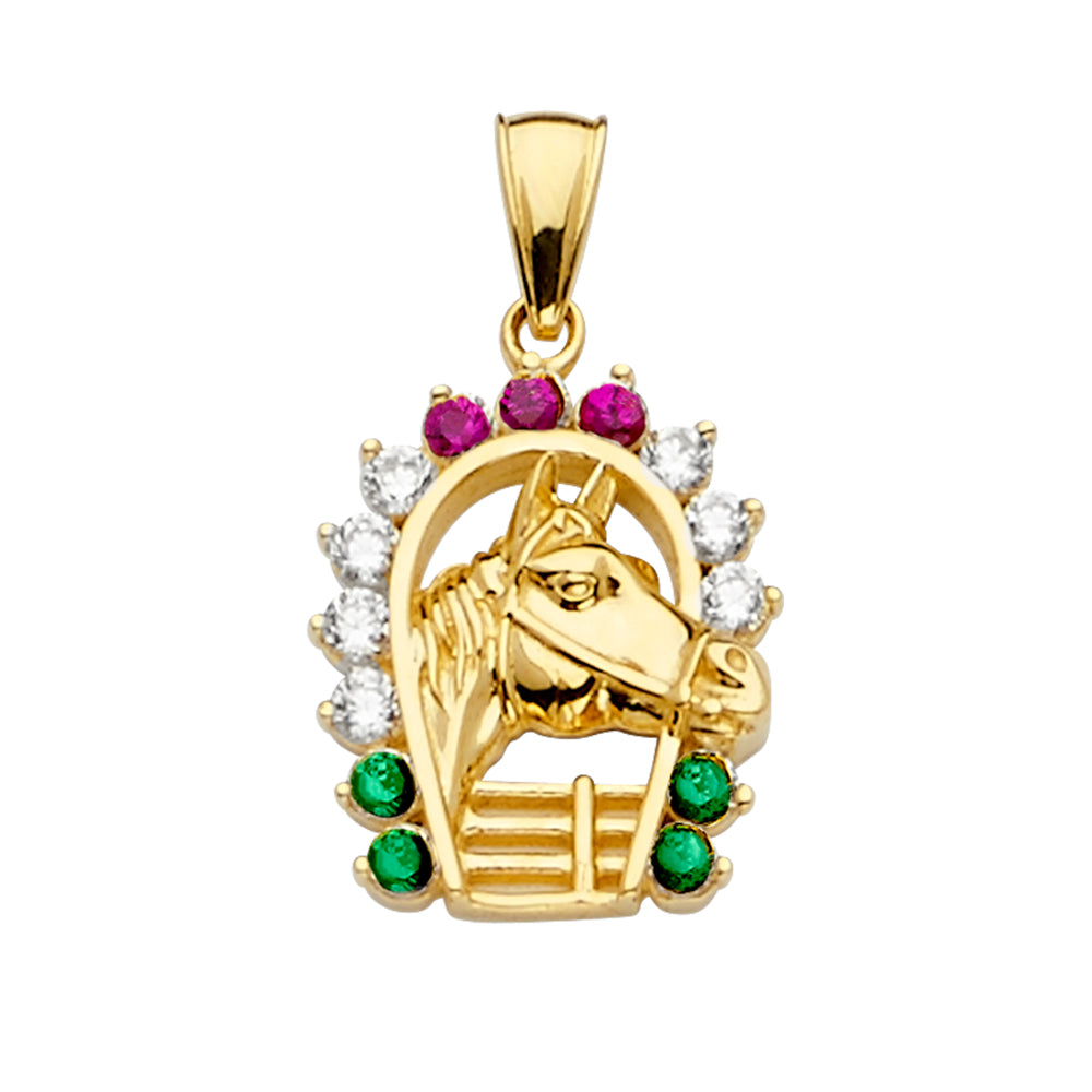 14K Yellow Gold 14mm Mexican Color CZ Horse Shoe Pendant