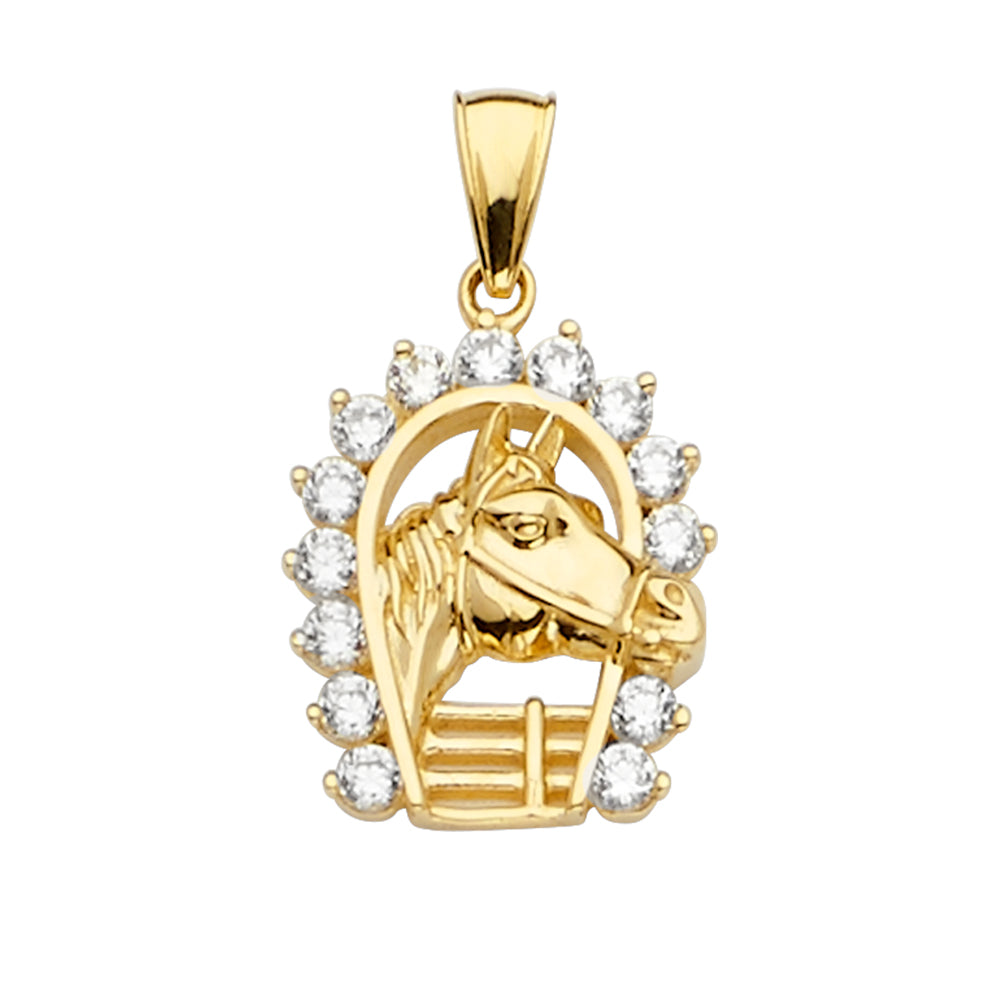 14K Yellow Gold 14mm CZ Horse Shoe Pendant