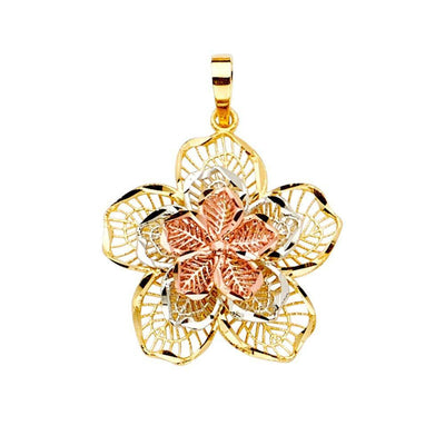 14K Gold 23mm Tri Color Filigree Flower Pendant - silverdepot