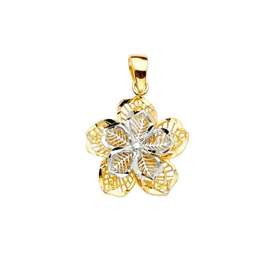 14K Gold 16mm Two Tone Filigree Flower Pendant - silverdepot
