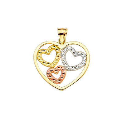 14K Gold 19mm Tri Color 3Hearts Pendant - silverdepot