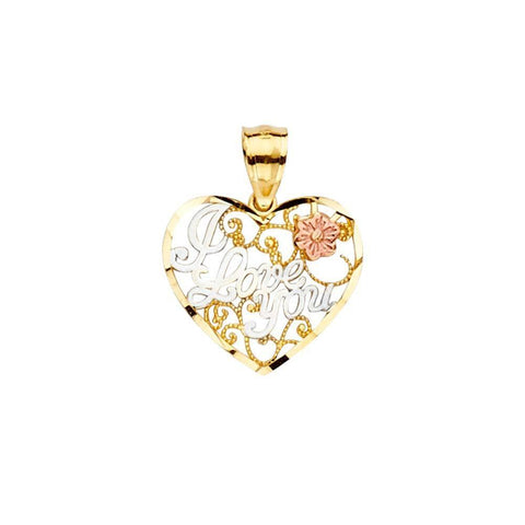 14K Gold 15mm Tri Color 'I Love You' Pendant