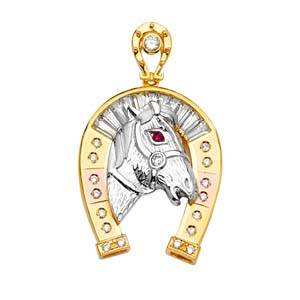 14k Tri Color Gold 26mm CZ Horse Shoe Assorted Pendant