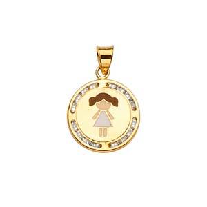 14k Yellow Gold 15mm CZ Enamel Girl Assorted Pendant