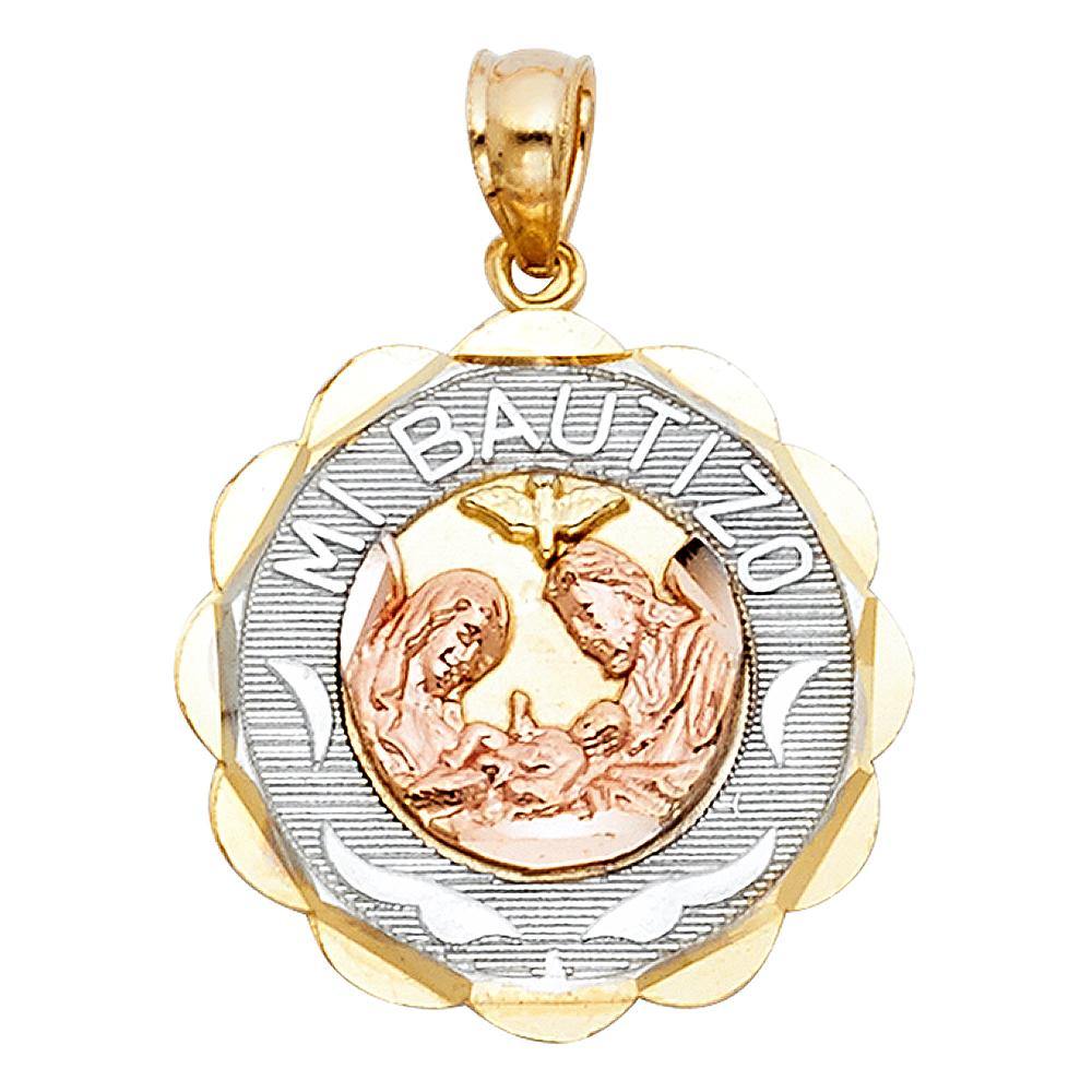 14K Tri Color 18mm Baptism Religious Pendant