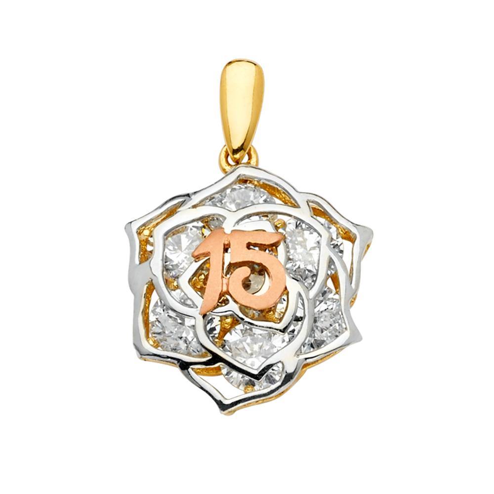 14K Tri Color 15mm 15 Years Flower Pendant - silverdepot