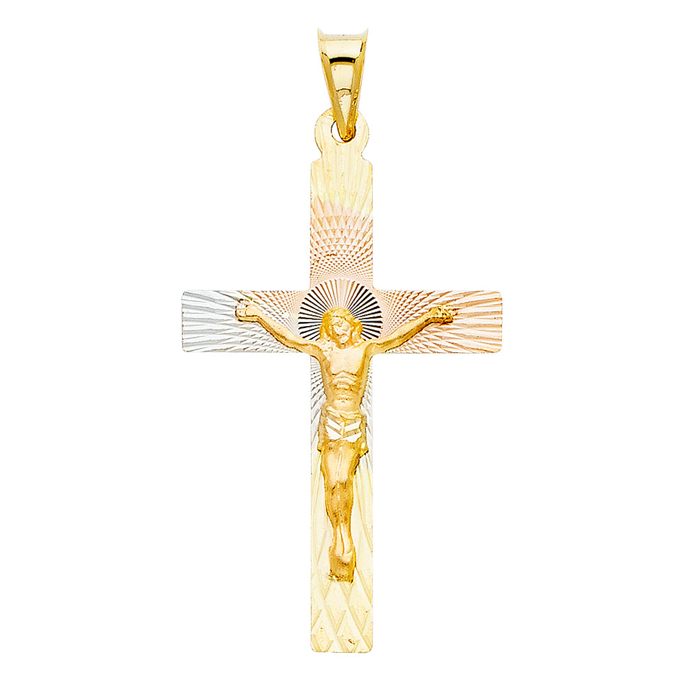 14K Tri Color 23mm DC Crucifix Jesus Cross Stamp Religious Pendant
