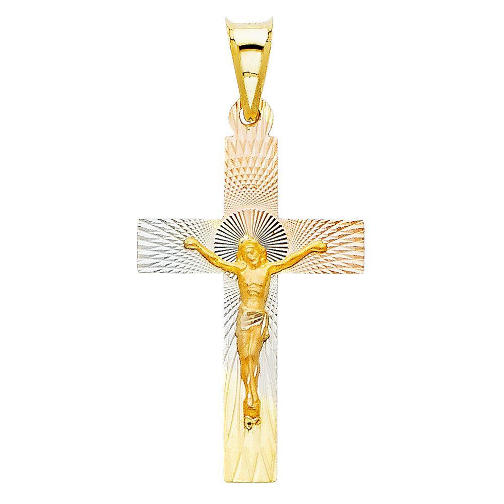 14K Tri Color 18mm DC Crucifix Jesus Cross Stamp Religious Pendant