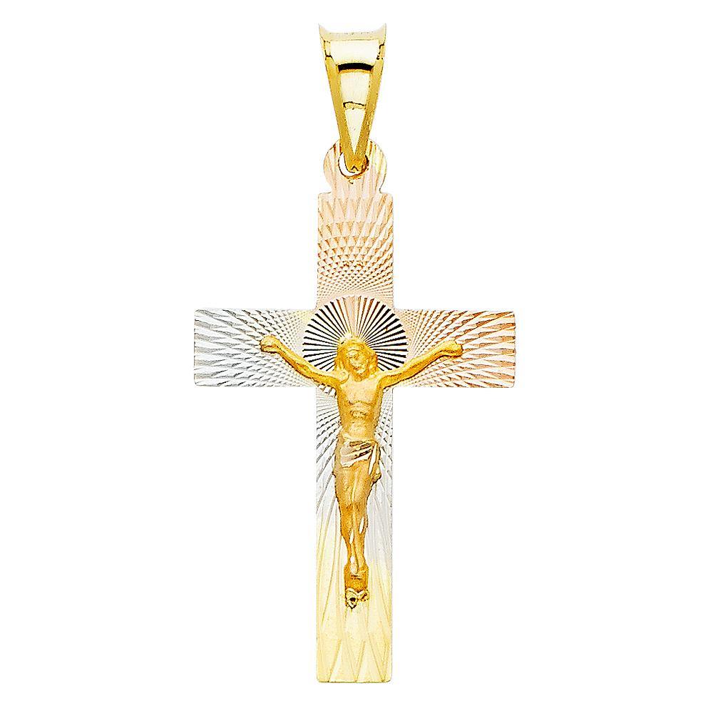 14K Tri Color 18mm DC Crucifix Jesus Cross Stamp Religious Pendant - silverdepot
