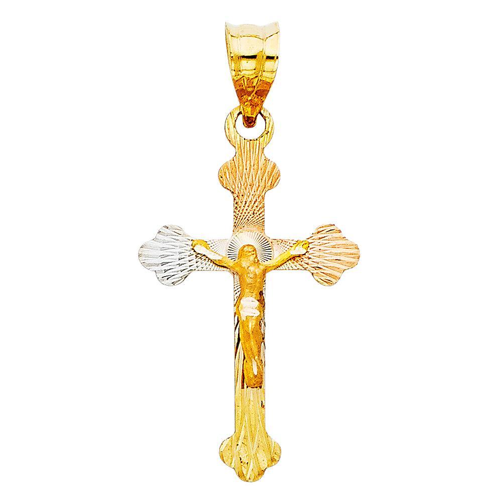 14K Tri Color 15mm DC Crucifix Jesus Cross Stamp Religious Pendant