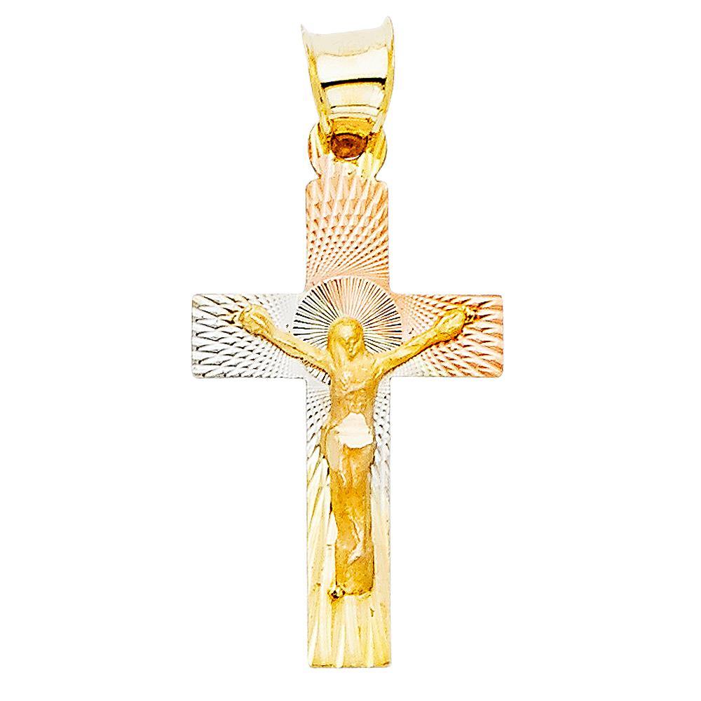 14K Tri Color 13mm DC Crucifix Jesus Cross Stamp Religious Pendant