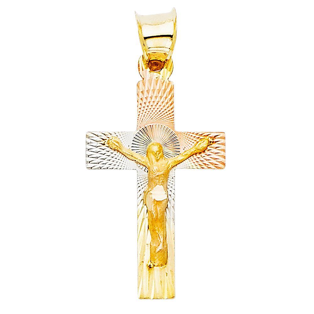 14K Tri Color 13mm DC Crucifix Jesus Cross Stamp Religious Pendant - silverdepot