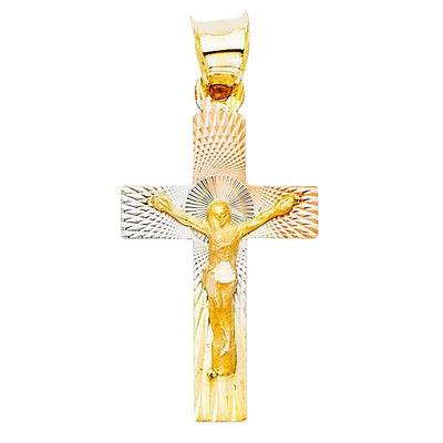 14K Tri Color 13mm DC Crucifix Jesus Cross Stamp Religious Pendant - silverdepot