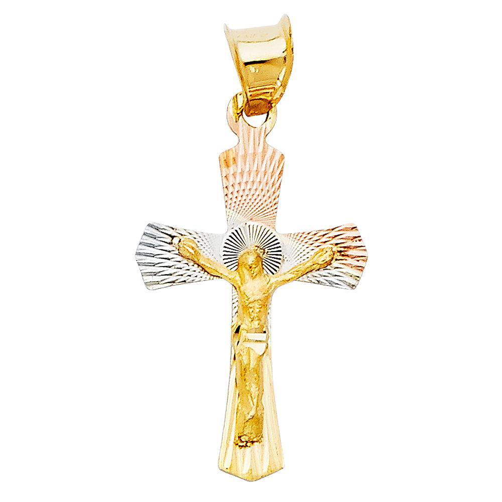 14K Tri Color 15mm DC Crucifix Jesus Cross Stamp Religious Pendant - silverdepot