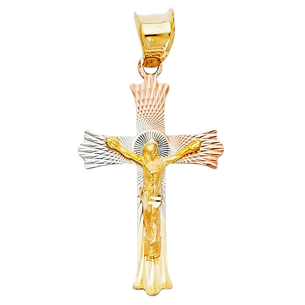 14K Tri Color 15mm DC DC Crucifix Jesus Cross Stamp Religious Pendant
