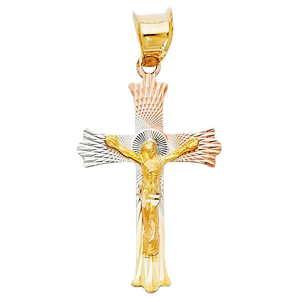 14K Tri Color 15mm DC DC Crucifix Jesus Cross Stamp Religious Pendant - silverdepot