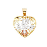 14K Tri Color 20mm Anos Sweet 15 Years Heart Pendant