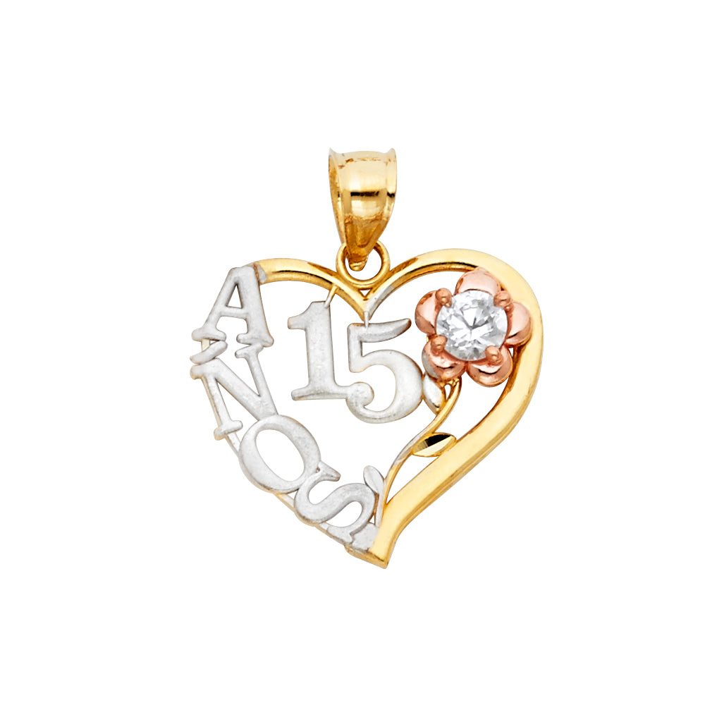 14K Tri Color 20mm Anos Sweet 15 Years Heart Pendant