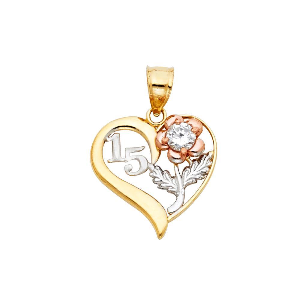 14K Tri Color 17mm Anos Sweet 15 Years Heart Pendant - silverdepot