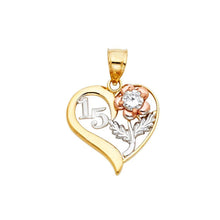 Load image into Gallery viewer, 14K Tri Color 17mm Anos Sweet 15 Years Heart Pendant - silverdepot