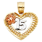 14K Tri Color 17mm 15 Years Years Heart Pendant