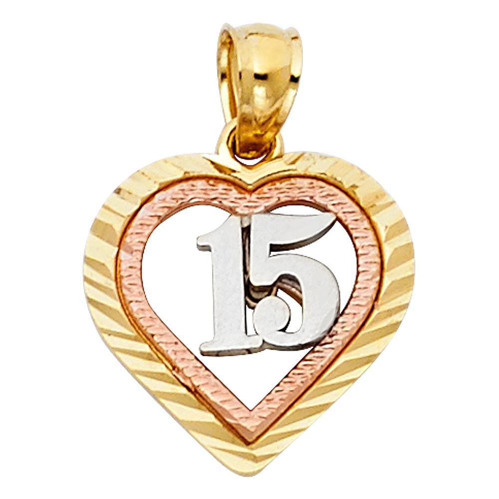 14K Tri Color 13mm Sweet 15 Years Heart Pendant - silverdepot