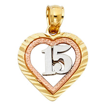 Load image into Gallery viewer, 14K Tri Color 13mm Sweet 15 Years Heart Pendant - silverdepot