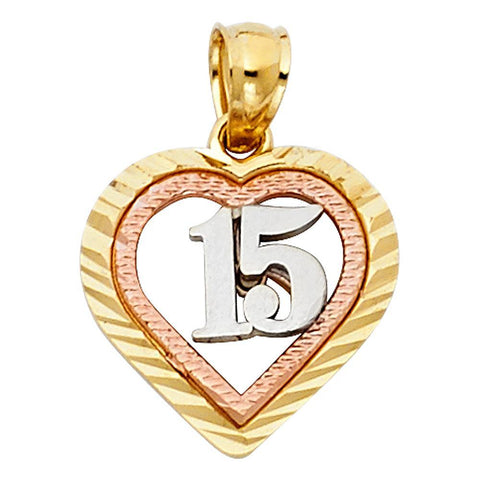 14K Tri Color 13mm Sweet 15 Years Heart Pendant