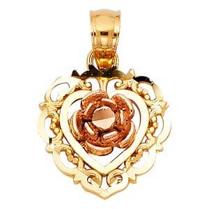 14k Tri Color Gold 12mm Flower in Heart Assorted Pendant