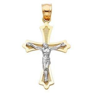 14K Gold 18mm Two Tone Jesus Crucifix Cross Religious Pendant - silverdepot