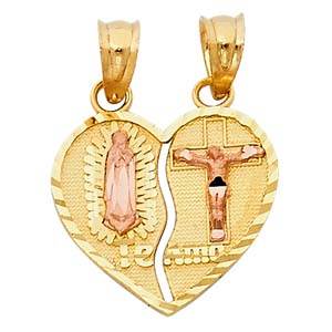 14k Two Tone Gold 15mm Religious Guadlupe Juses Broken Heart Assorted Pendant