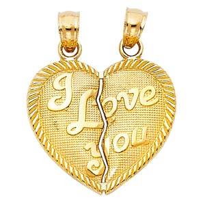 14k Yellow Gold 20mm "I Love You" Couple Broken Heart Assorted Pendant