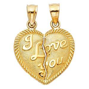 14k Yellow Gold 15mm "I Love You" Couple Broken Heart Assorted Pendant