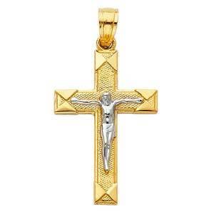 14K Gold 15mm Two Tone Jesus Crucifix Cross Religious Pendant - silverdepot