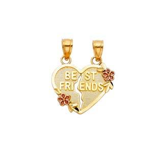 14k Yellow Gold 17mm "BEST FRIENDS" Broken Heart Pendant