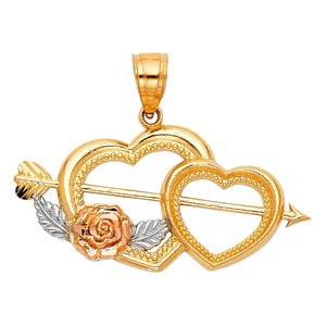 14k Two Tone Gold 30mm Cupid Arrow Double Heart Assorted Pendant