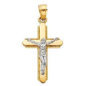 14K Gold 15mm Two Tone Jesus Crucifix Cross Religious Pendant - silverdepot