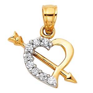 14k Two Tone Gold 13mm Cupid Arrow CZ Heart Assorted Pendant
