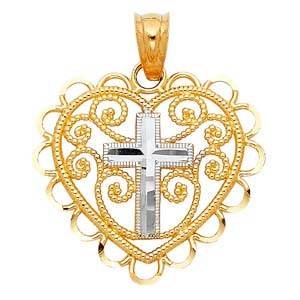 14k Two Tone Gold 20mm Cross In Heart Assorted Pendant