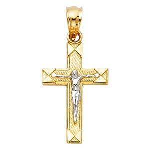 14K Gold 11mm Two Tone Jesus Crucifix Cross Religious Pendant - silverdepot