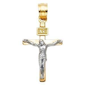 14K Gold 12mm Two Tone Jesus Crucifix Cross Religious Pendant - silverdepot