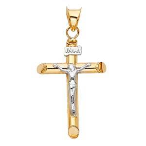 14K Two Tone 15mm Jesus Religious Cross Crucifix Pendant