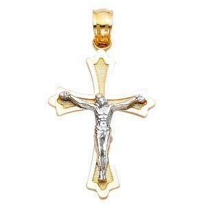 14K Gold 15mm Two Tone Jesus Crucifix Cross Religious Pendant - silverdepot
