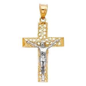 14K Gold Two Tone 22mm Jesus Crucifix Cross Religious Pendant - silverdepot