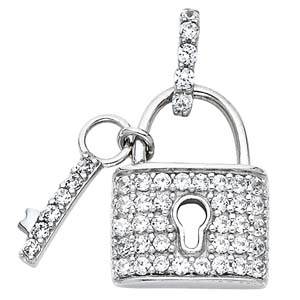 14K White Gold 15mm Lock and CZ Key Pendant