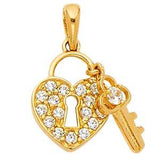 14K Yellow Gold 13mm Heart Lock and Key CZ Pendant