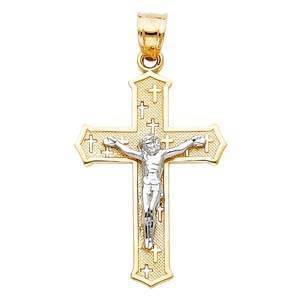 14K Gold 19mm Two Tone Jesus Crucifix Cross Religious Pendant - silverdepot