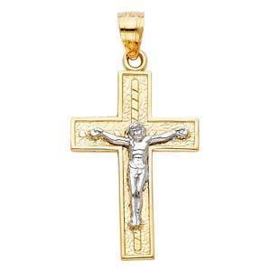 14K Gold 17mm Two Tone Jesus Crucifix Cross Religious Pendant - silverdepot