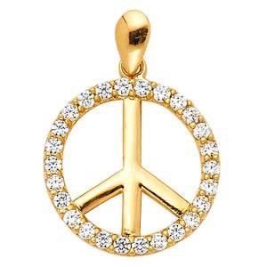 14K Yellow Gold 15mm Peace Sign CZ Pendant