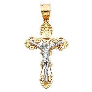 14K Gold 16mm Two Tone Jesus Crucifix Cross Religious Pendant - silverdepot